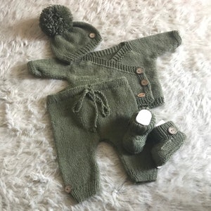 Baby Boy Coming home outfit, army green, gender neutral, Knitted Baby Clothes Sets, baby kimono set, hospital outfit, new baby gift,