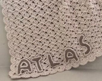 Custom Name Beige Baby Blanket: Hand Crocheted 3D Letters, Organic Cotton Heirloom Nursery Decor