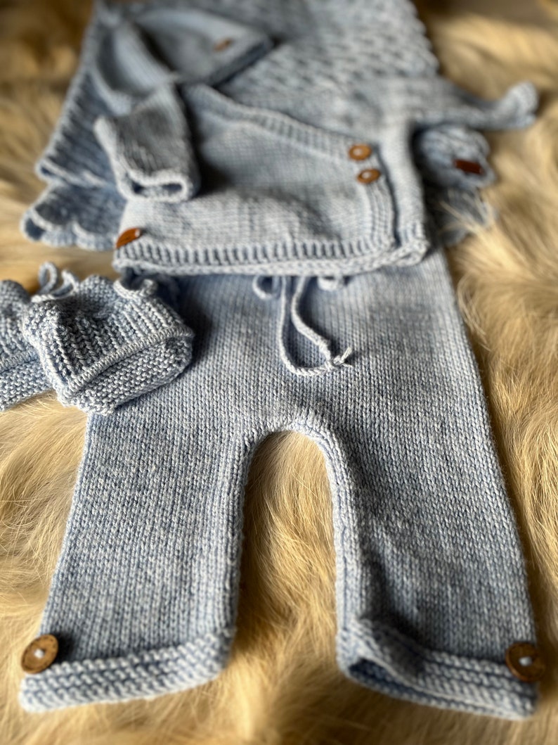 newborn boy knitted outfit baby blue newborn boy coming home outfit, handmade keepsake newborn outfit image 2