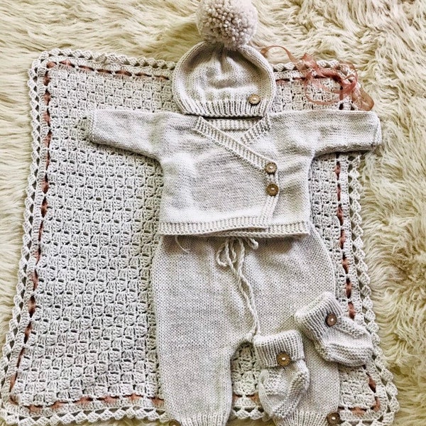 Newborn Boy Coming home outfit knitted newborn outfit, Knitted Baby Clothes Sets neutral, heirloom baby clothing, layette hospital outfit