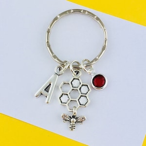 Honey Bee Keyring, Personalised Keyring with initial charm and birthstone crystal, insect keychain, honeycomb keyring, custom gift bag charm