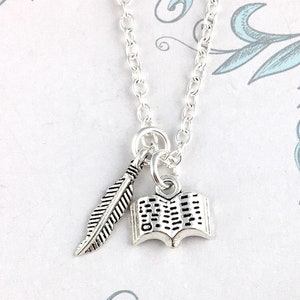 Writer Necklace, Teacher Gift for her, Writer Gift for sister, Quill and Book, writing pen gift, Novel book lover gift writer jewelry author