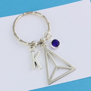 Triangle Keyring, Triangular Prism, Personalised Gift with initial charm and birthstone crystal, geometry teacher gift, science keychain
