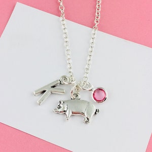Personalised Pig Necklace, black cord choker with initial and birthstone charm, Custom gift for her, animal lover gift vegan gift for sister
