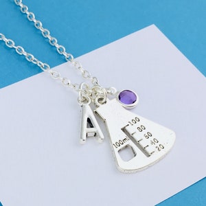 Può includere: Collana d'argento con un ciondolo a forma di becher d'argento, un ciondolo a forma di lettera A d'argento e una pietra preziosa viola. Il ciondolo a forma di becher è contrassegnato da 100 ml, 80, 60, 40 e 20.