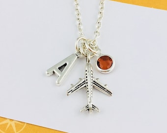 Airplane Necklace, Personalised Gift for her, Initial Charm and Birthstone Crystal, Travel addict gift, Wanderlust jewelry, flight attendant