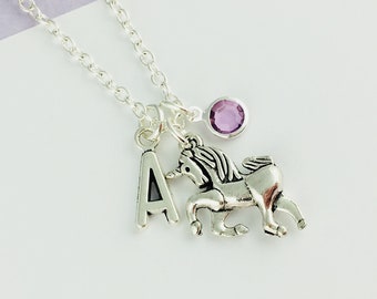 Gepersonaliseerde eenhoornketting met initiële bedel en geboortesteenkristal, eenhoornsieraden, eenhoorncadeau, fantasiesieraden, kinderketting