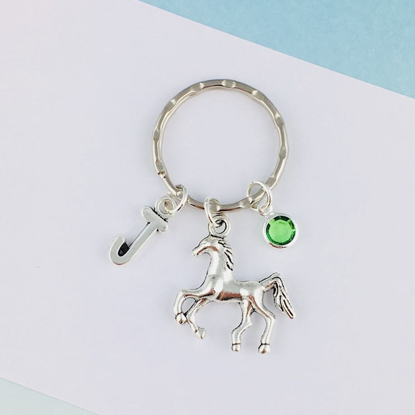 Personalised Horse Keyring, Initial and Birthstone Custom Gift Equestrian Accessory Equine Horse Riding gift for friend riding school silver