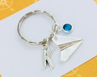 Paper Plane Keyring, Personalised Gift for him, Initial Charm and Birthstone Crystal, 1st wedding anniversary gift for wife, long distance