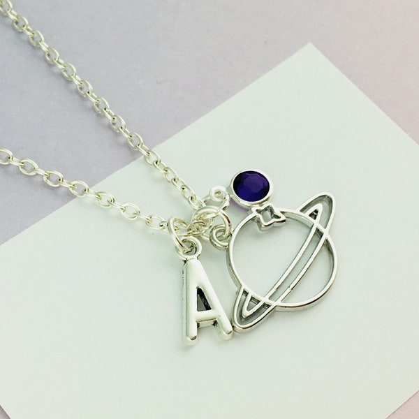 Planet Necklace, Personalised Gift, Saturn Jewelry, Astronomy gift for her, Initial charm and birthstone crystal, outer space jewelry geek