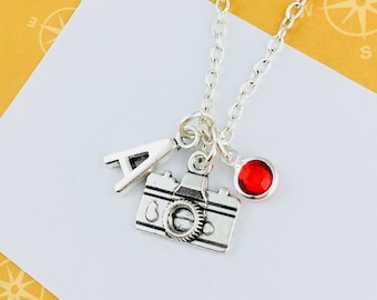 Personalised Camera Necklace, Initial Charm, Birthstone Crystal, Custom Jewelry, Photography gift for her, actor gift for actress, bff gift