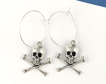 Skull and Crossbones Hoop Earrings, Pirate Hoops, gothic jewelry, pirate earrings, goth earrings, halloween jewellery, pirate gifts for her