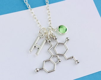 Serotonin and Dopamine Necklace, Personalised Jewelry with Initial Charm and Birthstone crystal, psychology gift for her, thoughtful gift