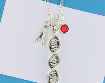DNA Necklace, Personalised Gift, Initial charm and birthstone crystal, Science Jewellery, Biology gift for scientist, Chemistry Teacher gift