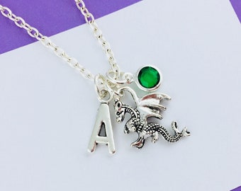 Dragon Necklace, Personalized Gift, Initial Charm and Birthstone crystal, custom gift for her, fantasy jewelry, gamer girl gift for sister