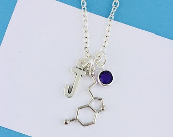 Serotonin Necklace or Choker, Personalised Gift with Initial Charm and Birthstone Crystal, best friend birthday gift, happiness molecule