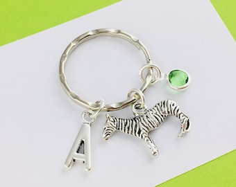 Personalised Zebra Keyring, Animal Keychain, Bag Purse Zipper Charm with initial and birthstone, boyfriend gift, brother gift for her him