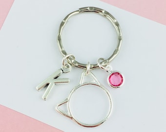 Personalised Cat Keyring with Initial and Birthstone Charm, silver cat jewellery, kitty gift