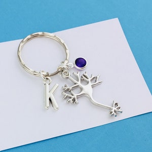 Neuron Keyring, Personalised Gift for him with initial charm and birthstone crystal, housewarming party gift for boyfriend psychologist gift