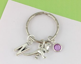 Personalized Dinosaur Keyring with Initial Charm and Birthstone Crystal, Keepsake for best friend gift, mens gift for boyfriend, raptor cute