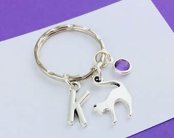Cat Keyring, Personalised Gift, Initial charm and birthstone crystal, witchy woman gift for her, Gothic Jewelry, Witch Keychain bag purse
