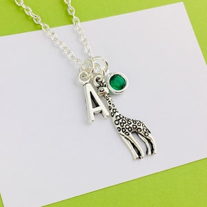 Personalised Giraffe Necklace, Custom animal necklace, giraffe gift for her, giraffe jewellery, birthstone crystal or initial charm, safari