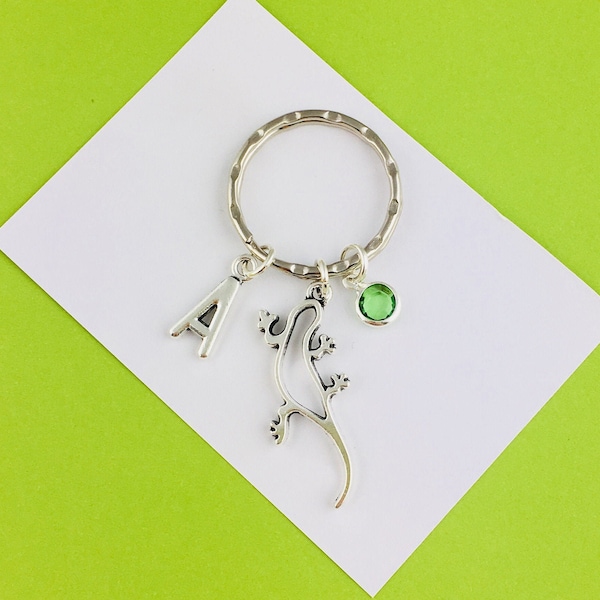 Porte-clés de lézard personnalisé, porte-clés Gecko, cadeau personnalisé avec charme initial et de pierre de naissance, cadeau de salamandre pour lui, cadeau amoureux des animaux goth