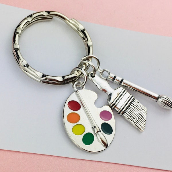 Personalised Artists Keyring, Palette and Paint Brush Keychain Paintbrush, art teacher gift, thank you gift for her him, childrens bag charm