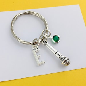 Personalised Microphone Keyring, Custom Microphone Keychain, Music gift for her, musician gift for vocalist, initial birthstone keyring