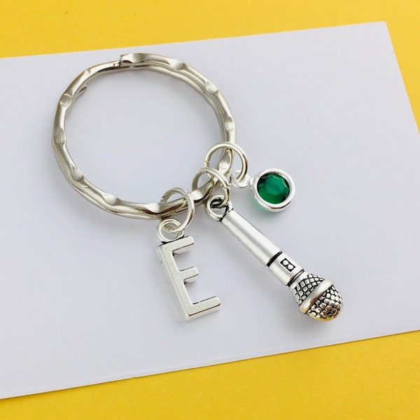 Personalised Microphone Keyring, Custom Microphone Keychain, Music gift for her, musician gift for vocalist, initial birthstone keyring