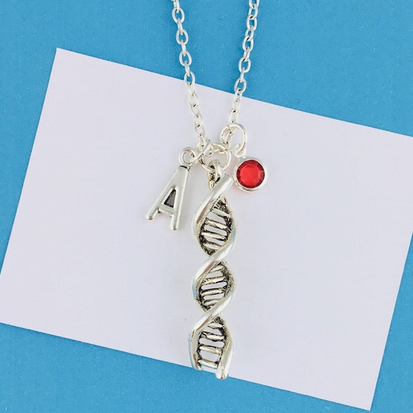 DNA Necklace, Personalised Gift, Initial charm and birthstone crystal, Science Jewellery, Biology gift for scientist, Chemistry Teacher gift