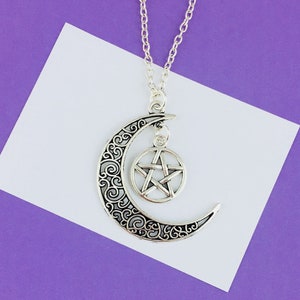 Crescent Moon Pentagram Necklace, Witch Necklace, Wicca Necklace, Gothic Necklace, Pagan Necklace, Goth Necklace, 90s necklace, silver chain