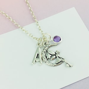 Moon Fairy Necklace, Personalised Gift with initial charm and birthstone crystal, pagan jewellery, fairy tale gift for mum teenage girl gift
