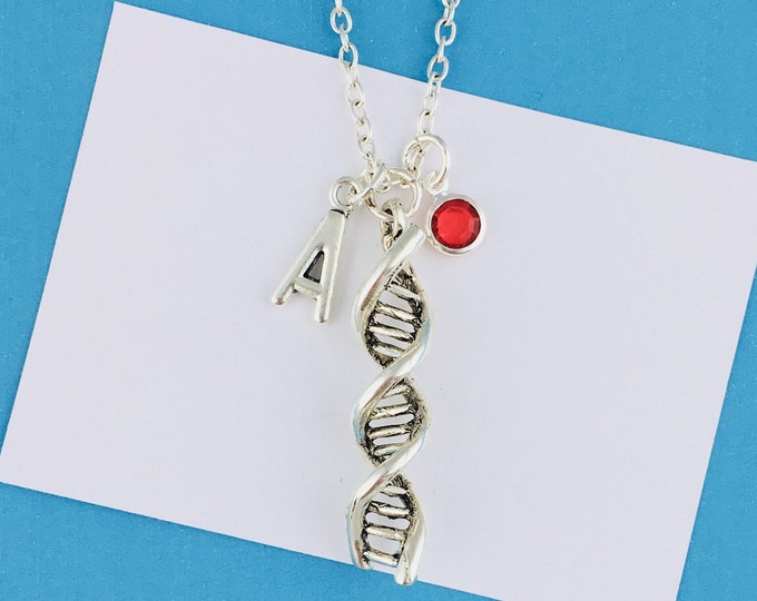 DNA-Halskette, personalisiertes Geschenk, Anfangscharme und Geburtssteinkristall, Wissenschaftsschmuck, Biologiegeschenk für Wissenschaftler, Geschenk für Chemielehrer
