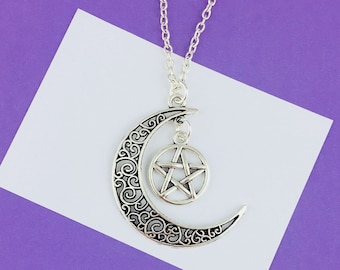 Crescent Moon Pentagram Necklace, Witch Necklace, Wicca Necklace, Gothic Necklace, Pagan Necklace, Goth Necklace, 90s necklace, silver chain