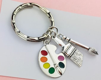 Personalised Artists Keyring, Palette and Paint Brush Keychain Paintbrush, art teacher gift, thank you gift for her him, childrens bag charm