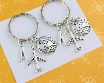 Airplane and globe keyrings, friendship keyring, gift for friend, travel gift, map keychain, gift for 2, matching  couple keyrings earth