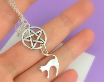 Witchcraft Necklace, Witchy Necklace, Pentacle and Black Cat Necklace, Pentagram Necklace Pagan Jewelry, Wiccan gift Witch Jewelry Halloween