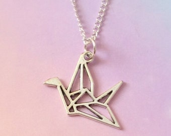 Origami Bird Necklace, Origami Crane jewelry, silver bird necklace, silver crane, paper bird, boho jewelry, Geometric necklace tsuru cute