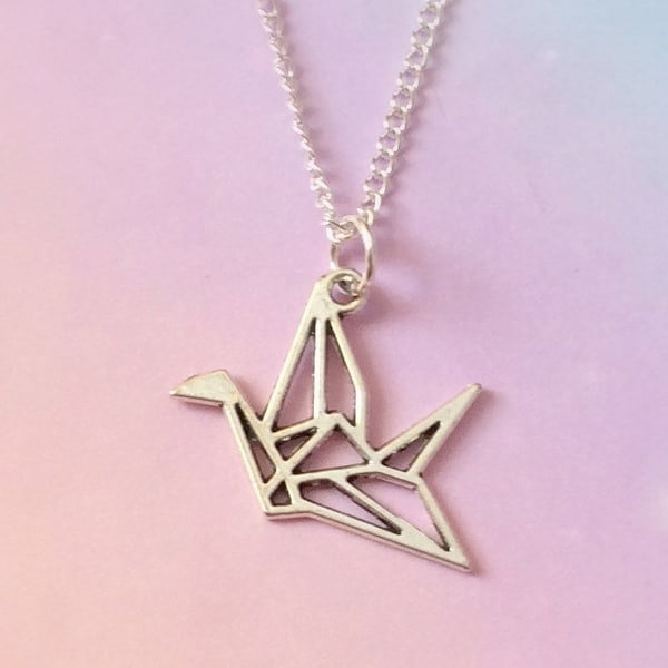 Origami Bird Necklace, Origami Crane jewelry, silver bird necklace, silver crane, paper bird, boho jewelry, Geometric necklace tsuru cute