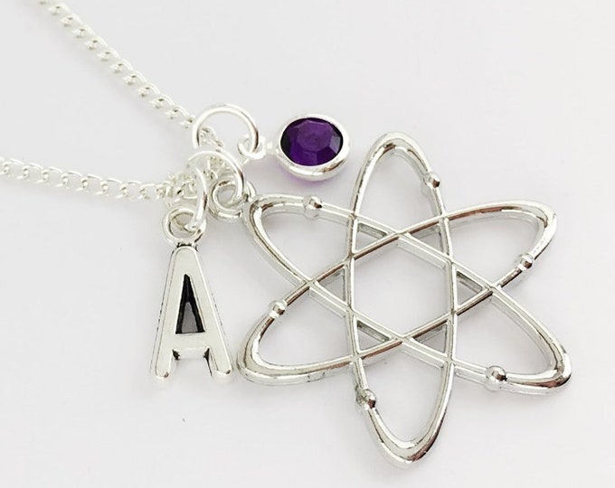 Personalised Atom necklace, sterling silver or plated chain, science necklace, science geek gift,  chemistry gift, atom gift, Physics gift