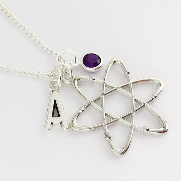 Personalised Atom necklace, sterling silver or plated chain, science necklace, science geek gift,  chemistry gift, atom gift, Physics gift