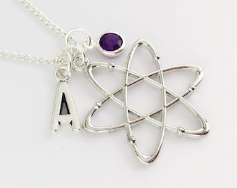 Personalised Atom necklace, sterling silver or plated chain, science necklace, science geek gift,  chemistry gift, atom gift, Physics gift