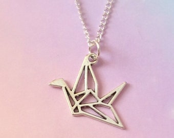 Origami Bird Necklace, Origami Crane jewelry, silver bird necklace, silver crane, paper bird, boho jewelry, Geometric necklace tsuru cute