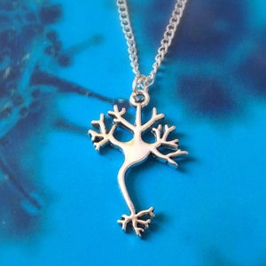 May include: A silver necklace with a pendant shaped like a neuron, a type of nerve cell. The necklace is on a blue background.