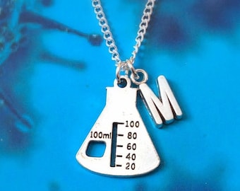 Personalised Beaker Necklace with Initial Charm, Conical Flask Necklace, Science Jewellery, Chemistry Teacher gift chemistry graduation gift