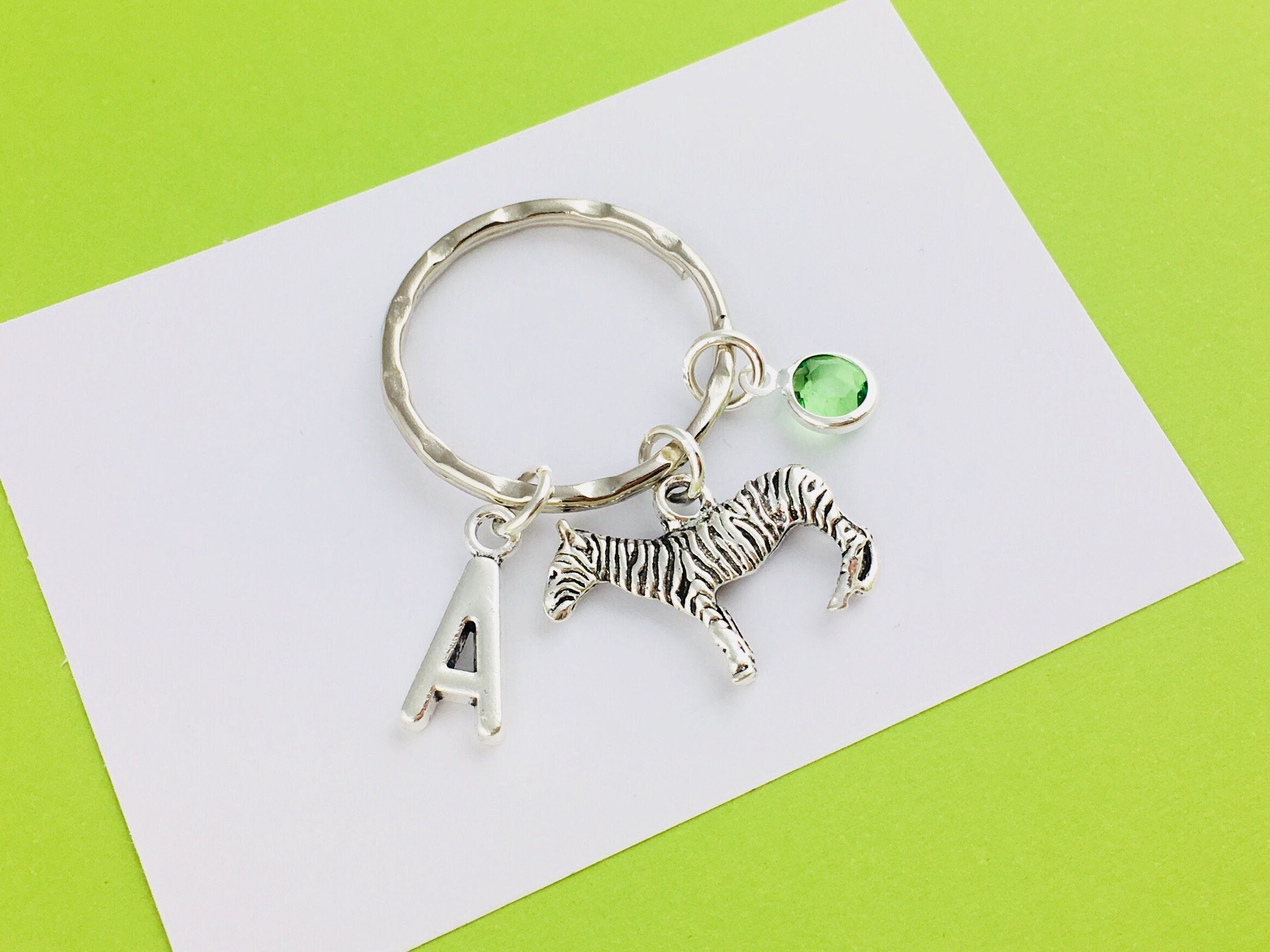 Personalised Zebra Keyring, Animal Keychain, Bag Purse Zipper Charm with initial and birthstone, boyfriend gift, brother gift for her him