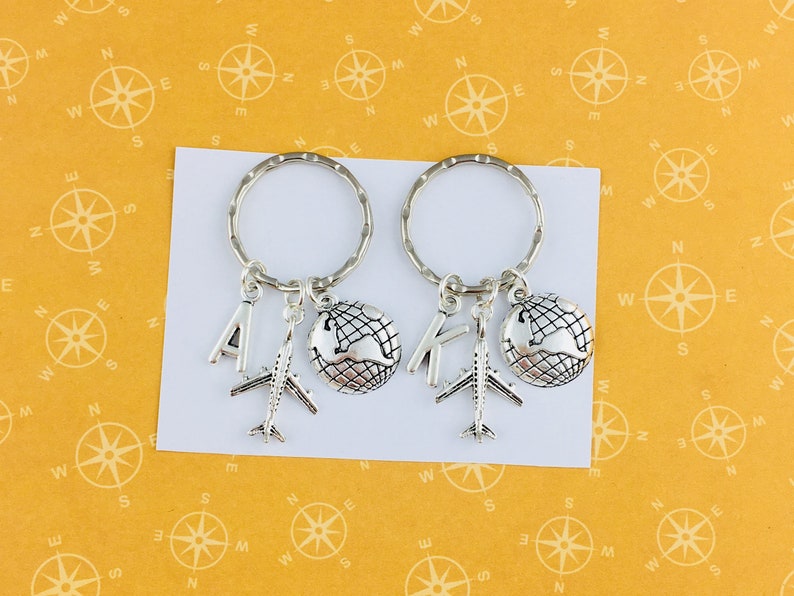 Airplane and globe keyrings, friendship keyring, gift for friend, travel gift, map keychain, gift for 2, matching couple keyrings earth image 6