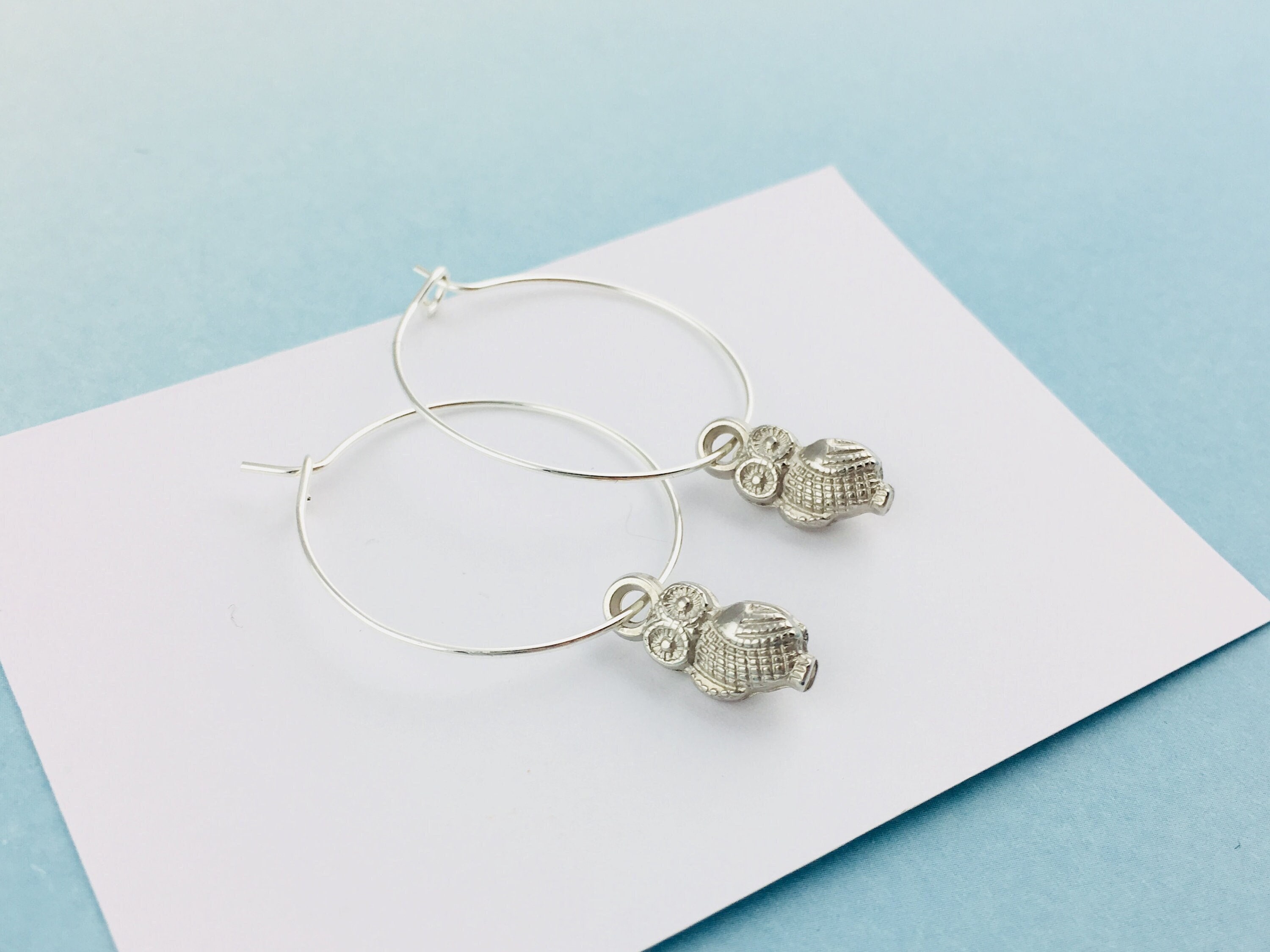 Owl Hoop Earrings, 25 mm in diameter, silver plated, bird hoops, forest animal jewelry, nature lover