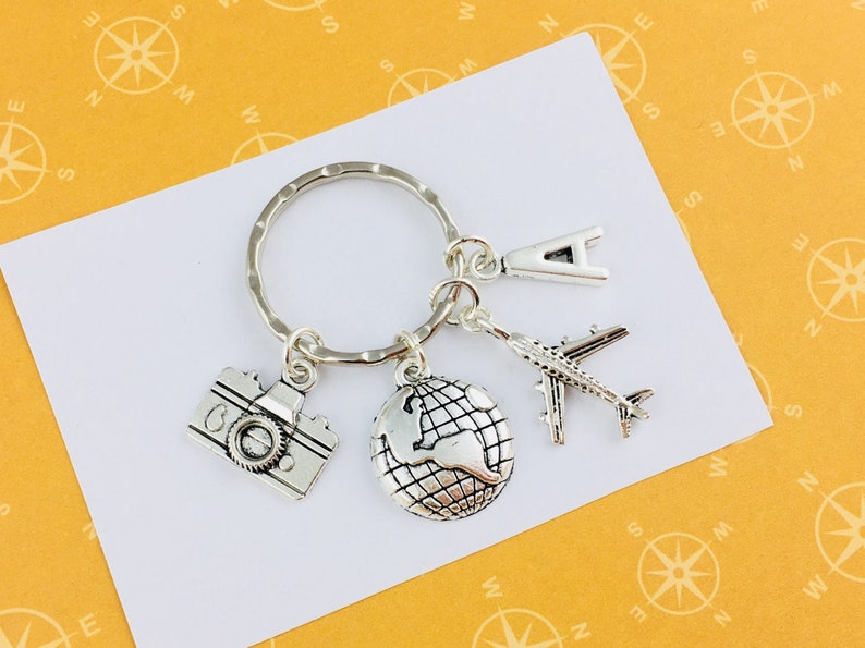 Personalised Wanderlust Keyring, personalised travel gift, travelling accessory, travel bag charm, secret Santa gift for traveller, bff gift image 1